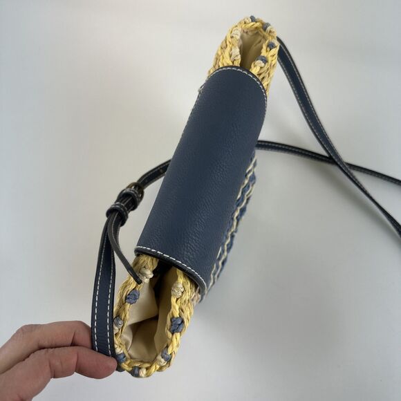 Universal Thread Straw Purse Flap Snap Blue Faux Leather Yellow Striped Small - Picture 5 of 14